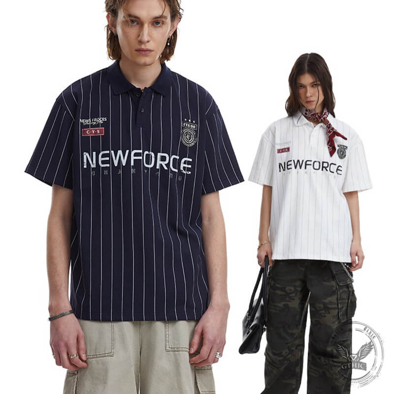 American Style Letter Print Striped Polo T-Shirt | Gthic.com