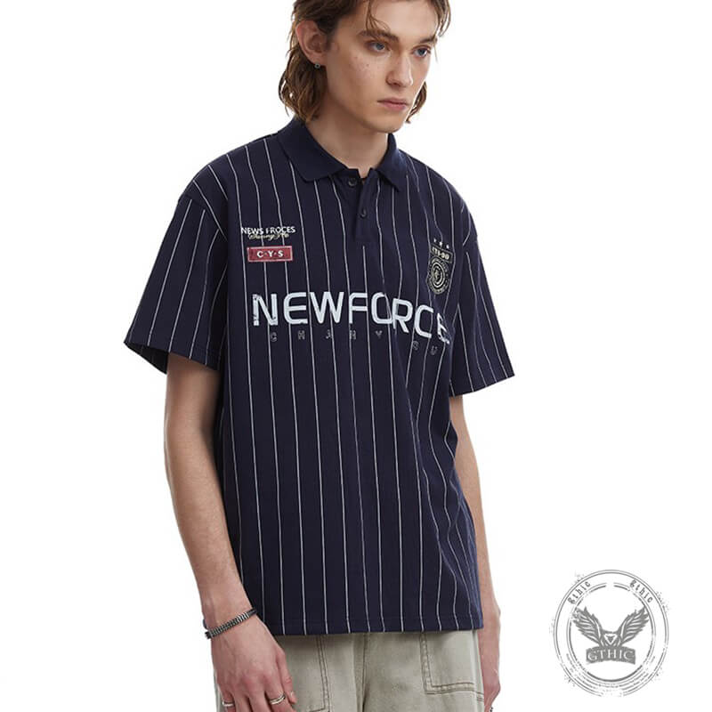 American Style Letter Print Striped Polo T-Shirt | Gthic.com