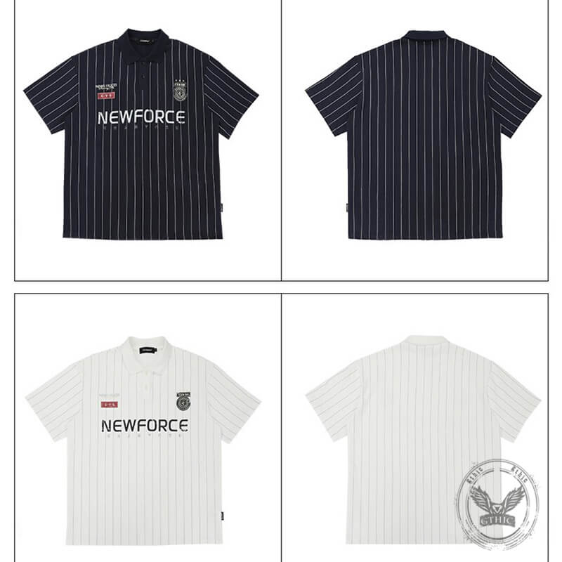 American Style Letter Print Striped Polo T-Shirt | Gthic.com