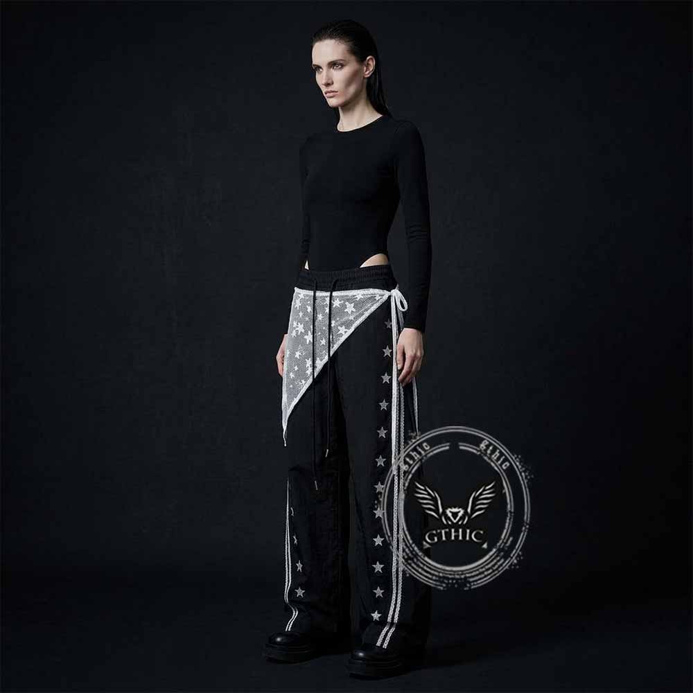 American Style Star Mesh Overlay Wide Leg Baggy Pants | Gthic.com