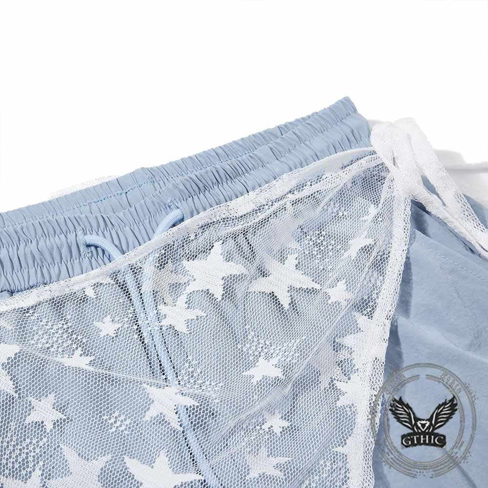 American Style Star Mesh Overlay Wide Leg Baggy Pants