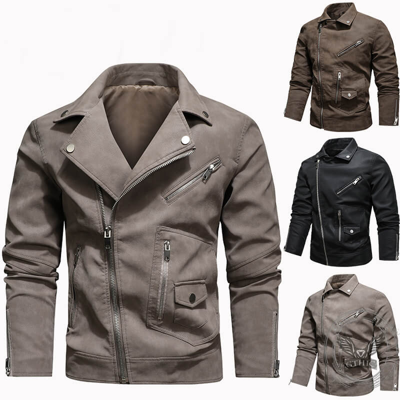 American Stylish Diagonal Zipper Lapel PU Leather Jacket | Gthic.com