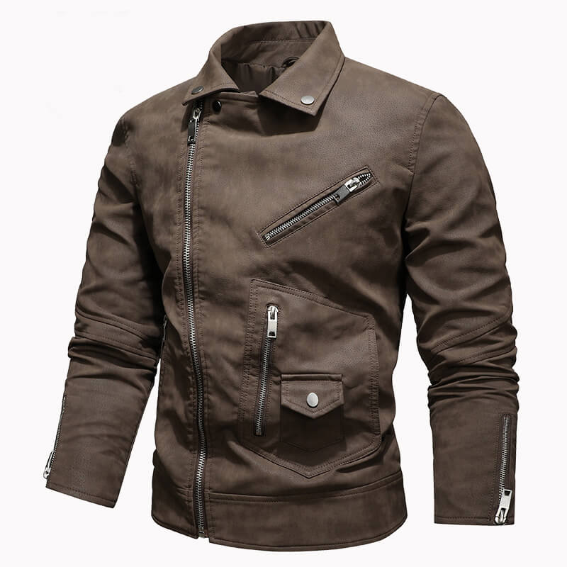 American Stylish Diagonal Zipper Lapel PU Leather Jacket