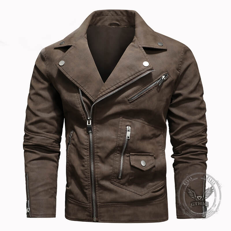 American Stylish Diagonal Zipper Lapel PU Leather Jacket