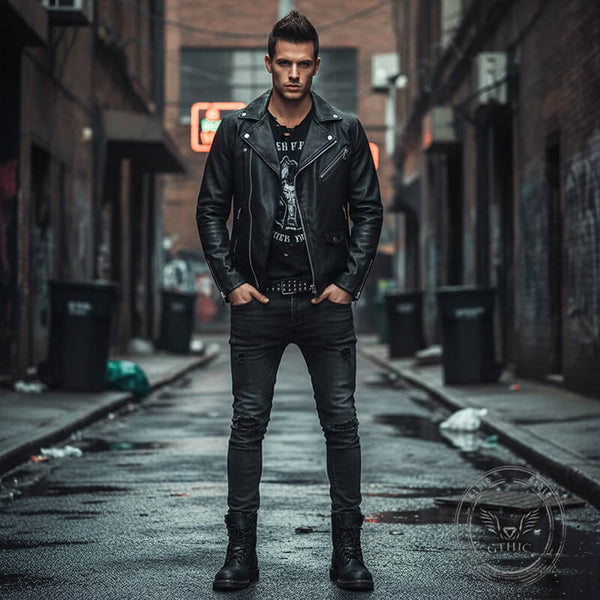 American Stylish Diagonal Zipper Lapel PU Leather Jacket | Gthic.com