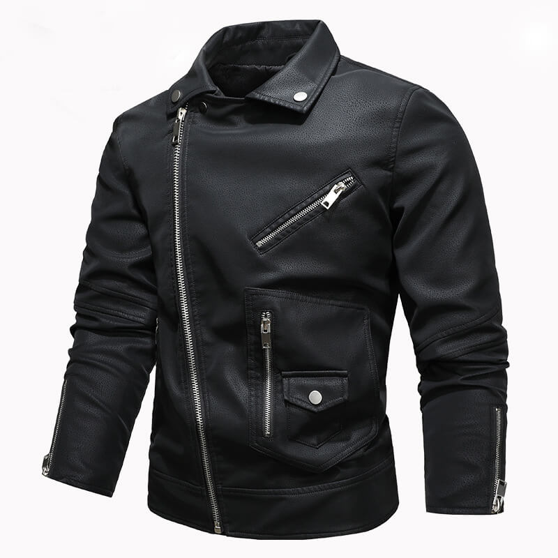 American Stylish Diagonal Zipper Lapel PU Leather Jacket