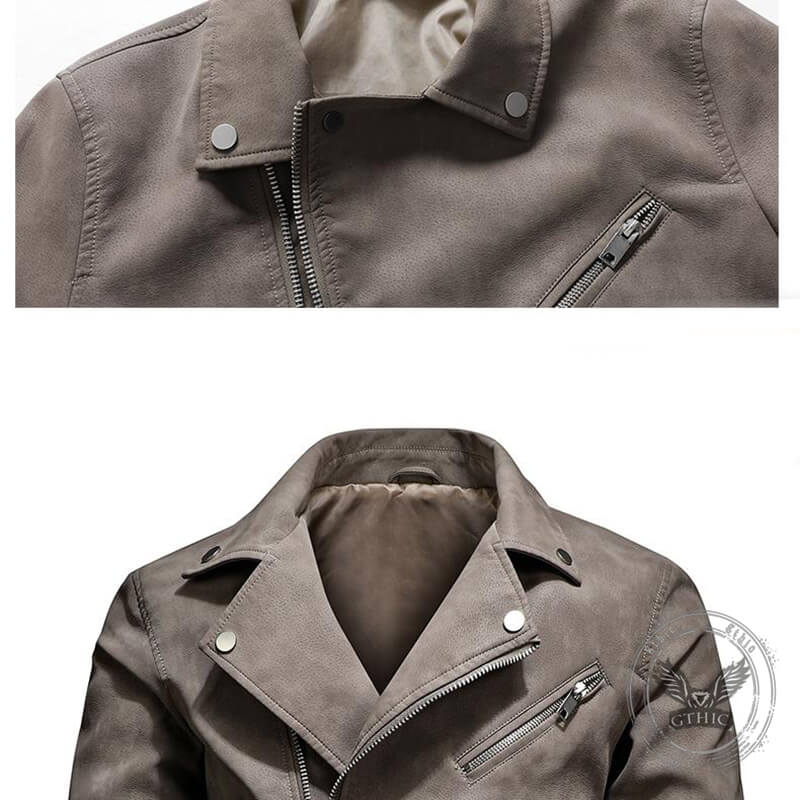 American Stylish Diagonal Zipper Lapel PU Leather Jacket