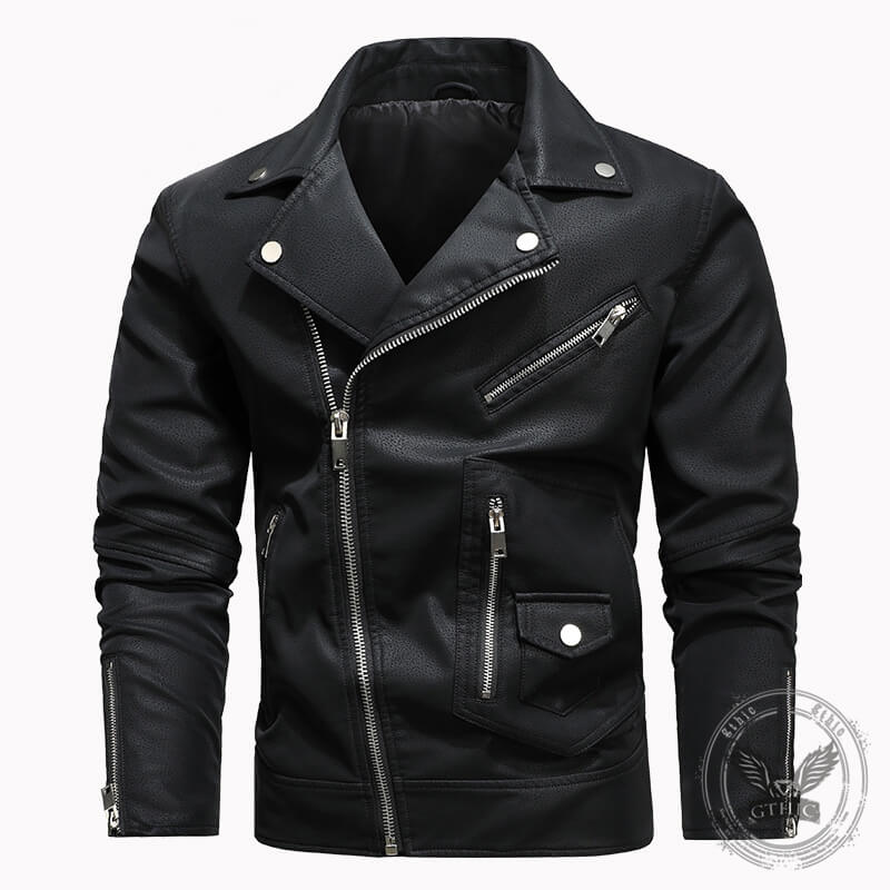 American Stylish Diagonal Zipper Lapel PU Leather Jacket | Gthic.com