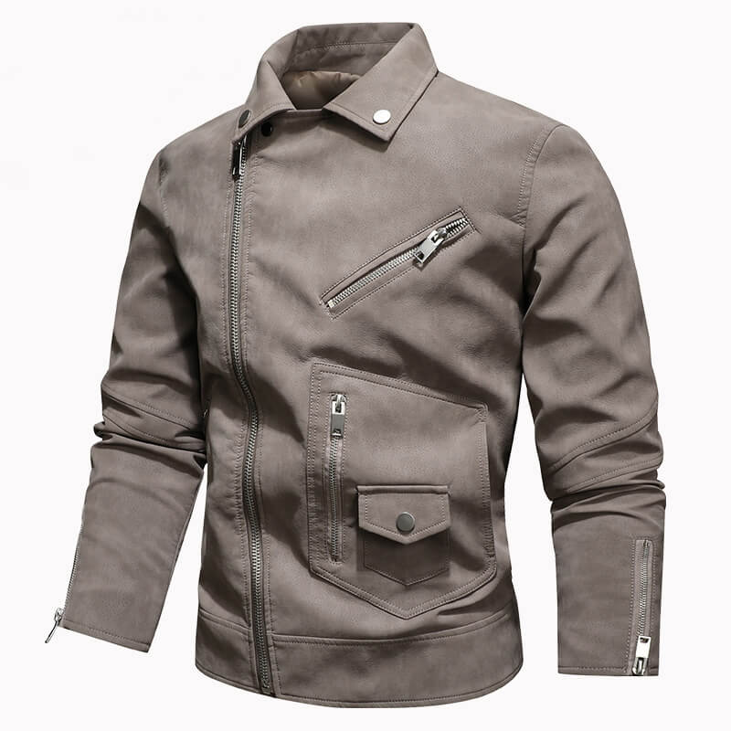 American Stylish Diagonal Zipper Lapel PU Leather Jacket
