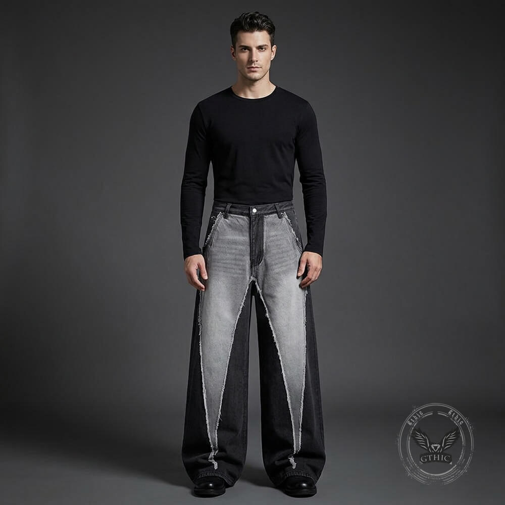 American Wasteland-Style Patchwork Distressed Wide-Leg Jeans | Gthic.com