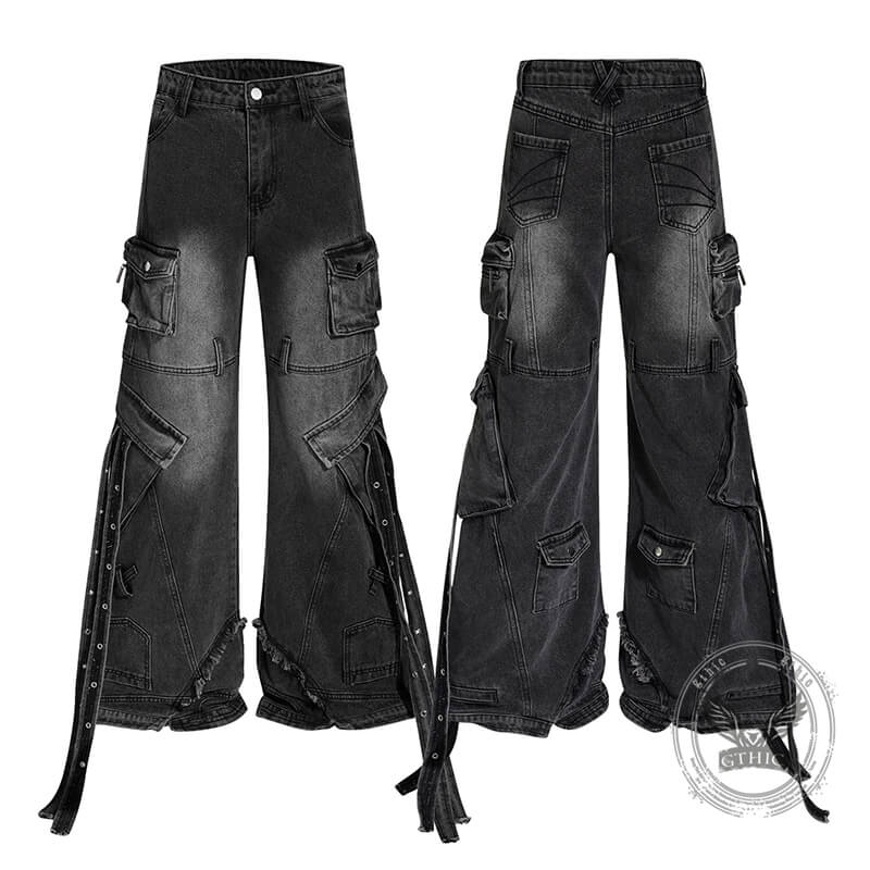 American Y2K Washed Distressed Straps Wide-Leg Jeans | Gthic.com