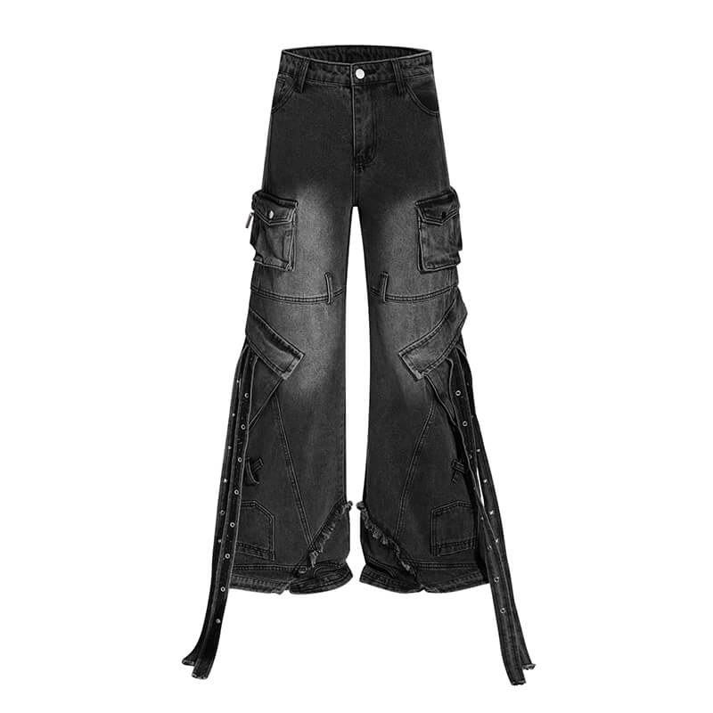 American Y2K Washed Distressed Straps Wide-Leg Jeans | Gthic.com