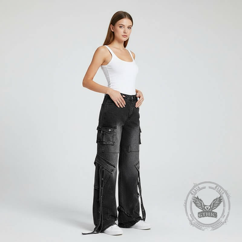 American Y2K Washed Distressed Straps Wide-Leg Jeans