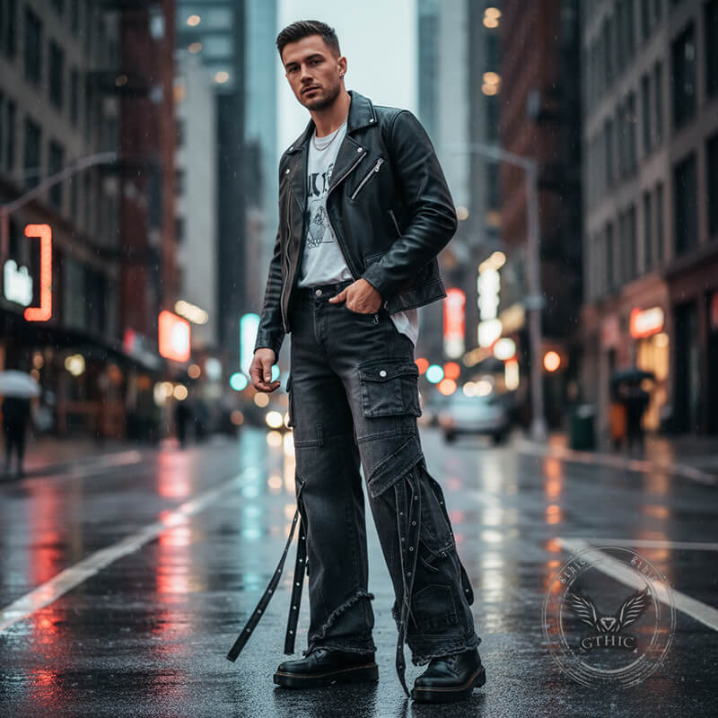 American Y2K Washed Distressed Straps Wide-Leg Jeans