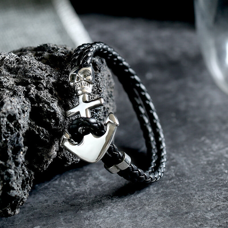 Anchor Skull Double Braided Leather Bracelet | Gthic.com