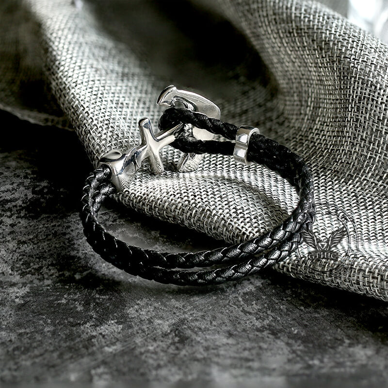 Anchor Skull Double Braided Leather Bracelet | Gthic.com