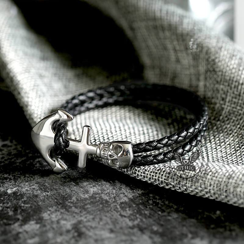 Anchor Skull Double Braided Leather Bracelet | Gthic.com