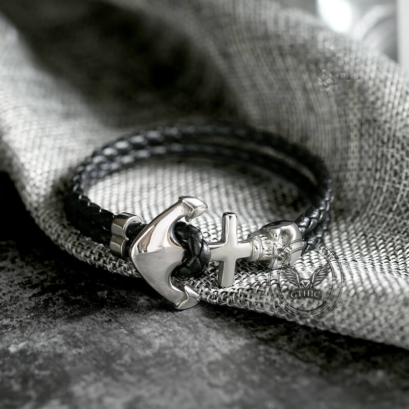 Anchor Skull Double Braided Leather Bracelet | Gthic.com