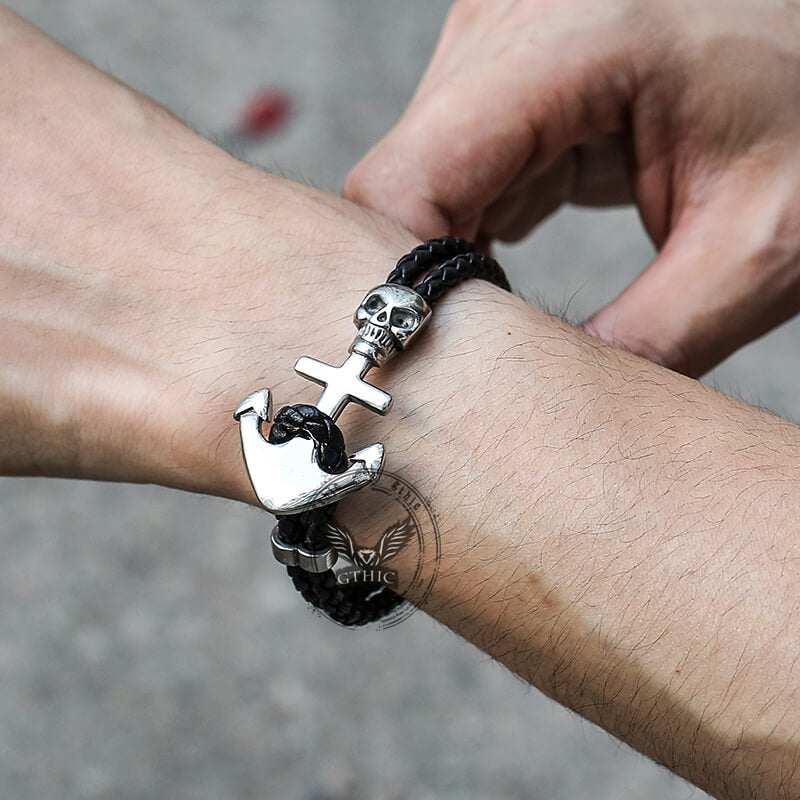 Anchor Skull Double Braided Leather Bracelet | Gthic.com