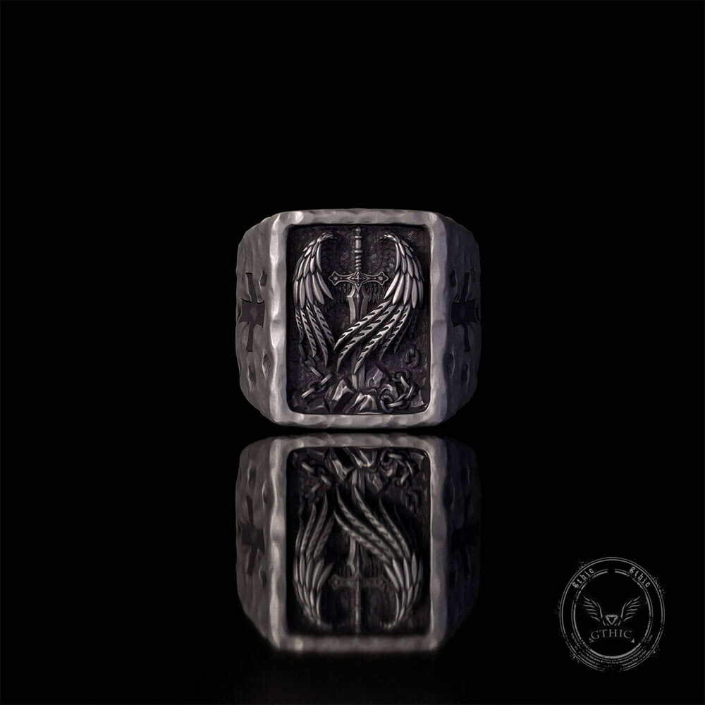 Angel Wings Sword Cross Sterling Silver Ring | Gthic.com