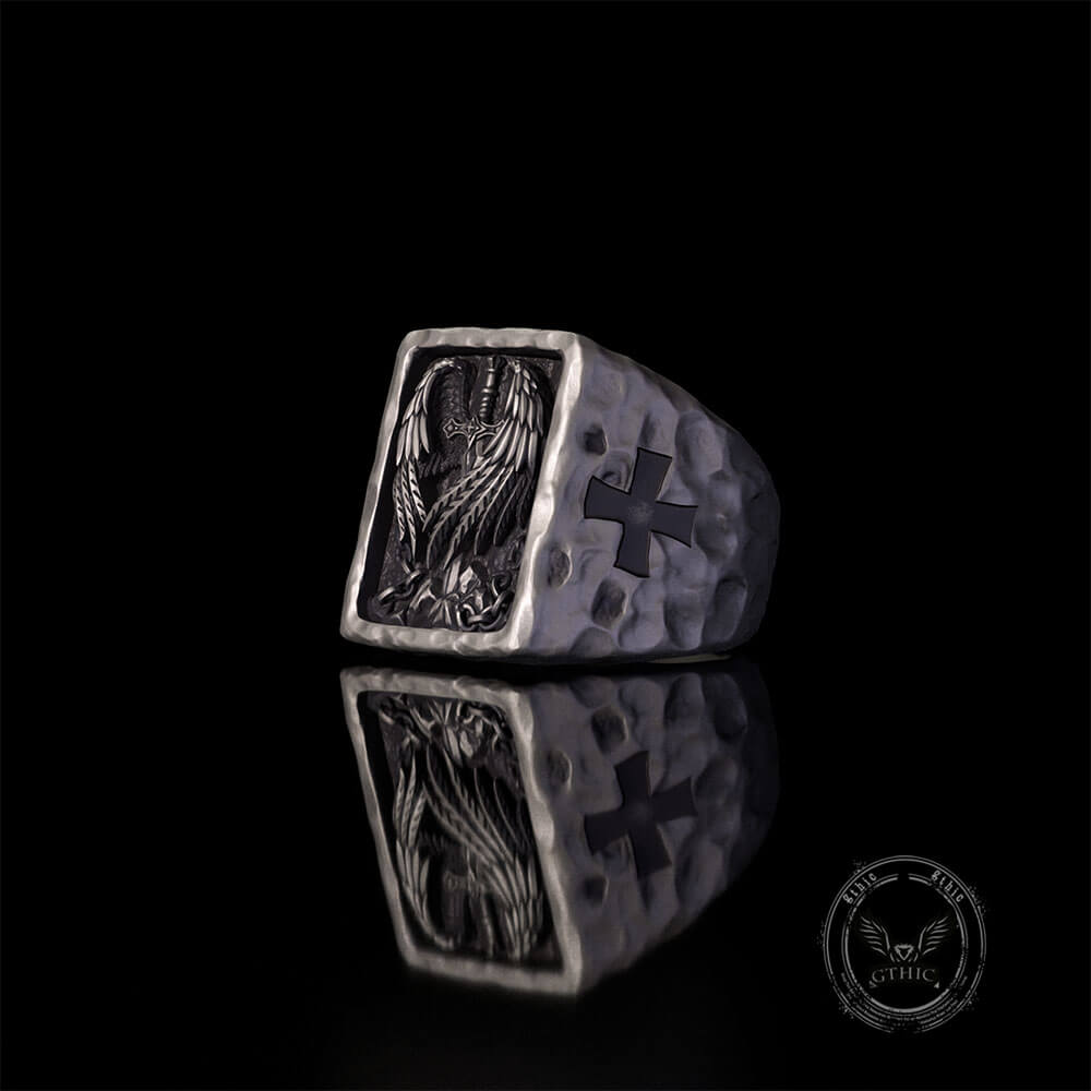 Angel Wings Sword Cross Sterling Silver Ring