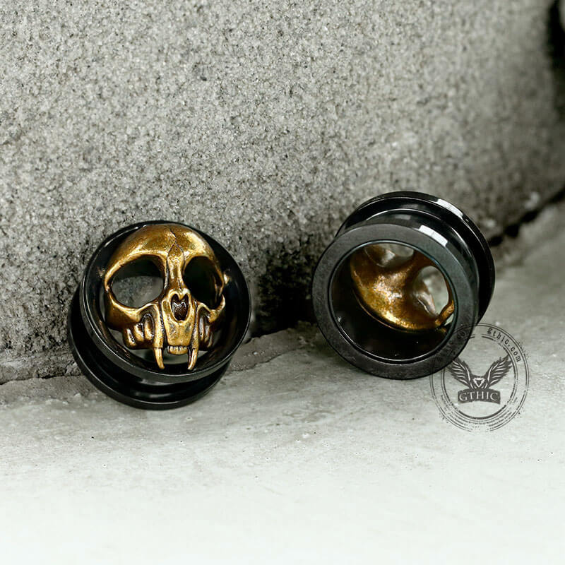 Antique Gold Skull Stainless Steel Ear Gauges | Gthic.com