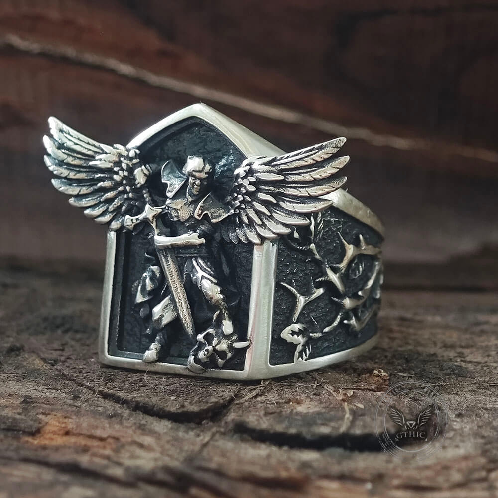 Archangel Michael Demon Slayer Sterling Silver Knight Ring | Gthic.com
