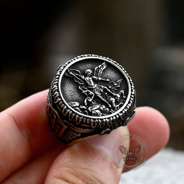 Archangel Saint Michael Stainless Steel Men’s Ring Handcrafted | Gthic.com