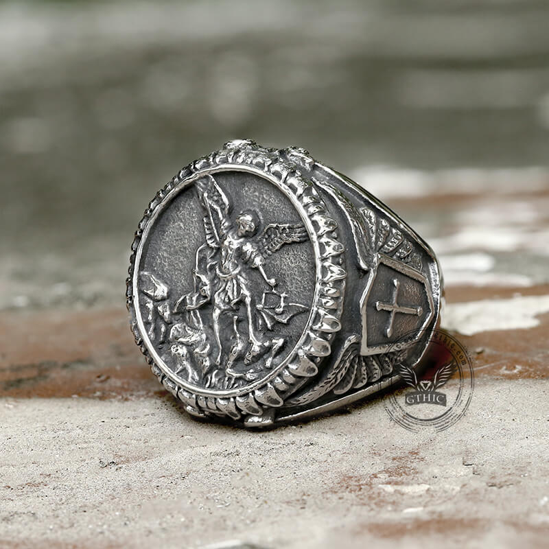 Archangel Saint Michael Stainless Steel Men’s Ring Handcrafted