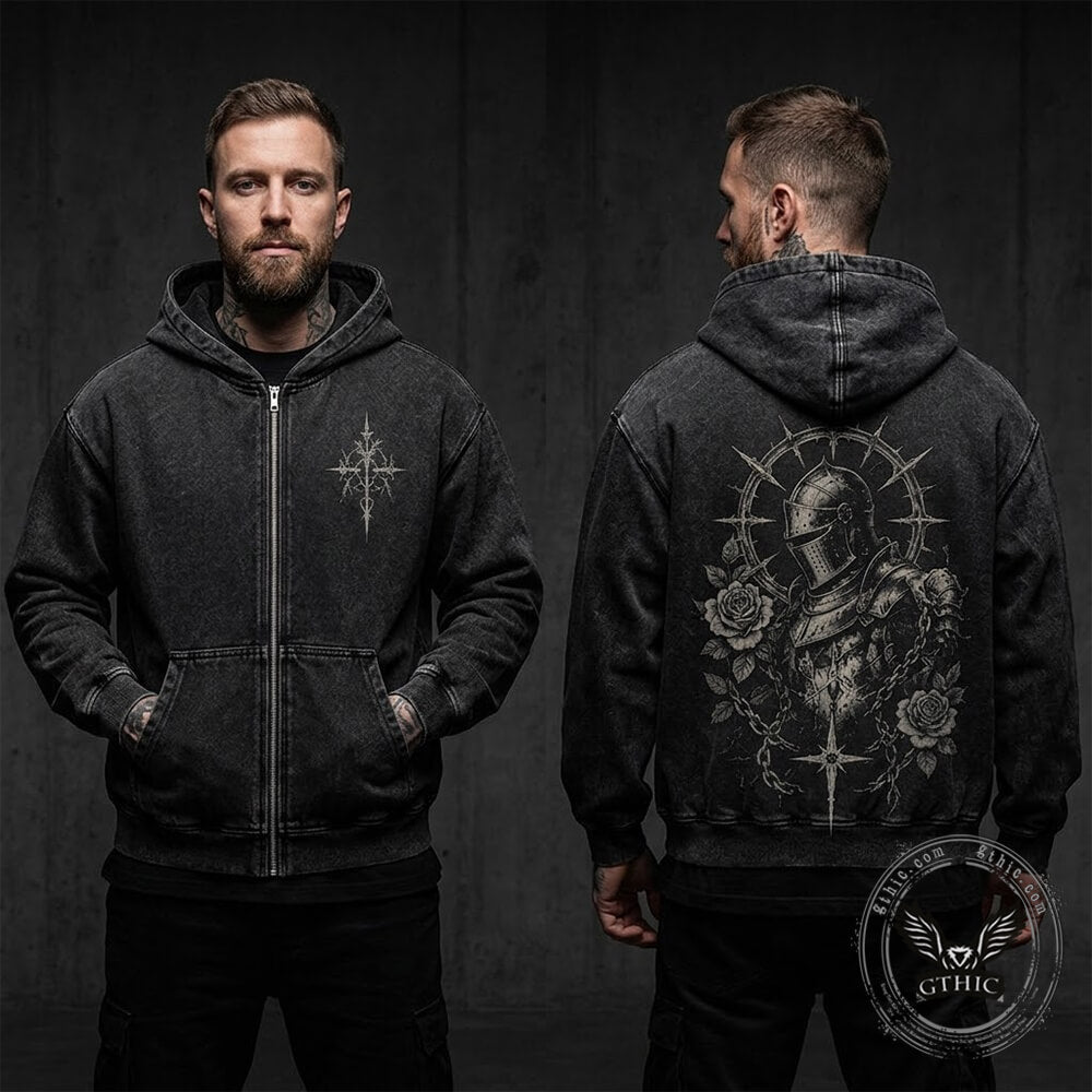Armored Knight Rose Vintage Washed Zip-Up Hooded Jacket | Gthic.com