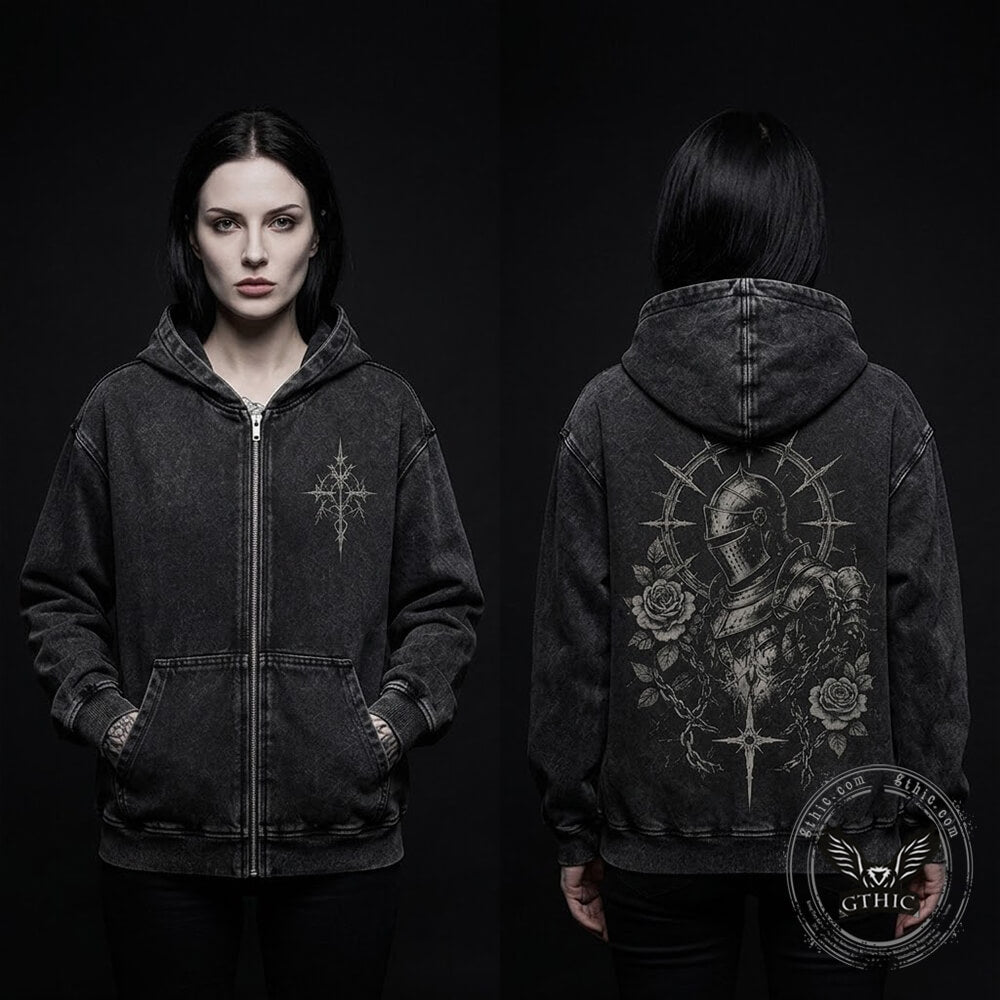 Armored Knight Rose Vintage Washed Zip-Up Hooded Jacket | Gthic.com