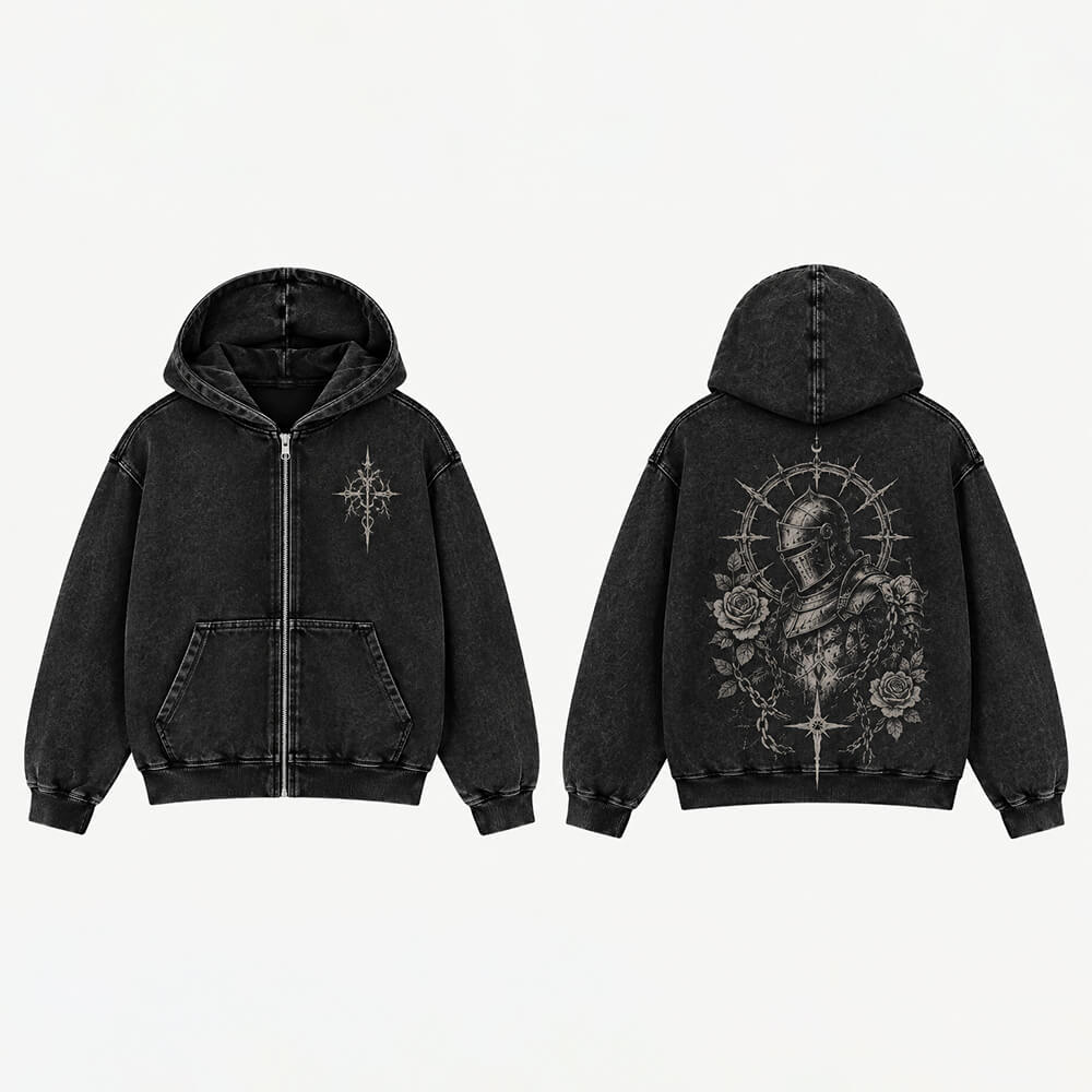 Armored Knight Rose Vintage Washed Zip-Up Hooded Jacket | Gthic.com