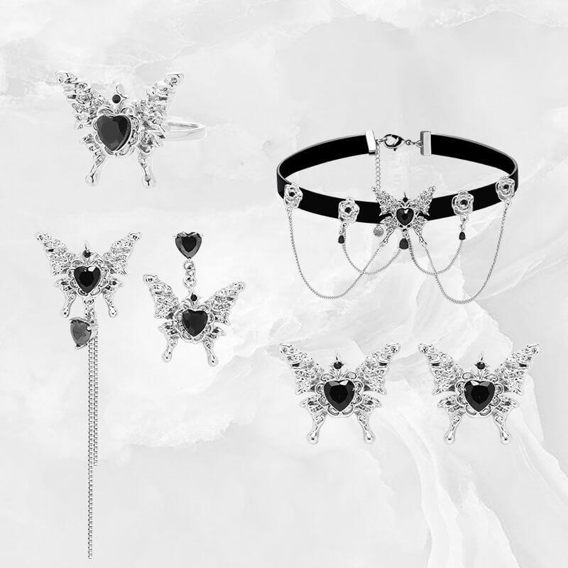 Asymmetric Butterfly Black Heart Alloy Jewelry Set| Gthic.com