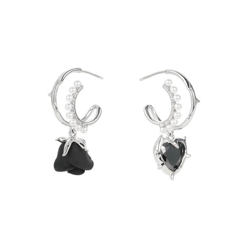 Asymmetric Heart Rose Zircon Stainless Steel Stud Earrings | Gthic.com