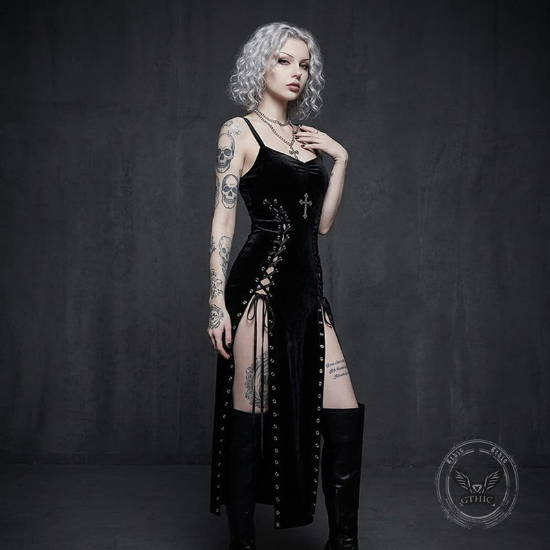 gothic bodycon dress Asymmetrical High-Slit Lace-Up Handcrafted Fringe Sequin Halter item size:M The intricate embroidery and no returns