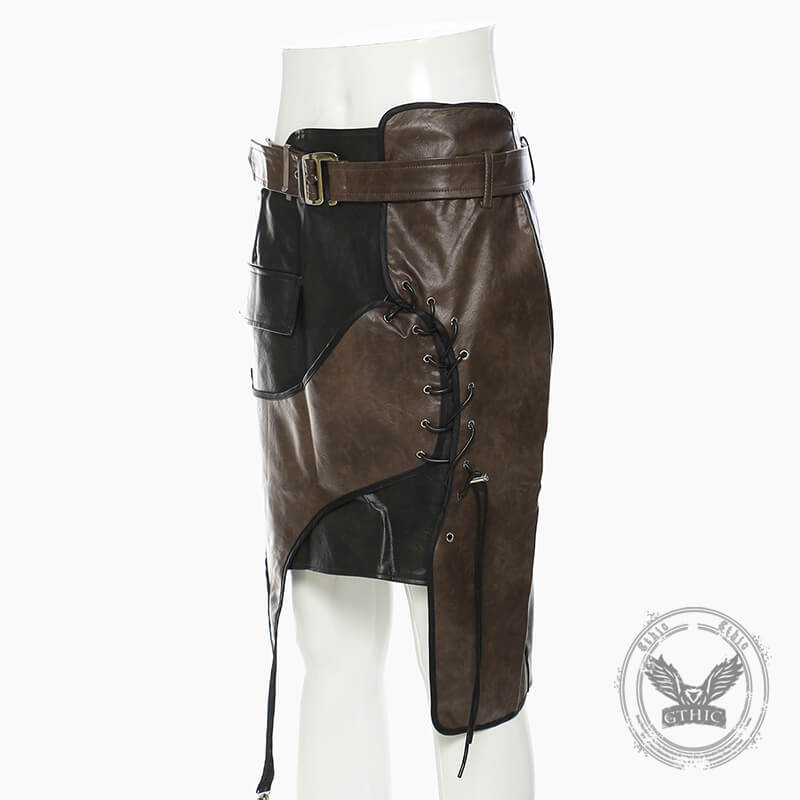 Asymmetrical Patchwork Faux Two-Piece Leather Skirt | Gthic.com