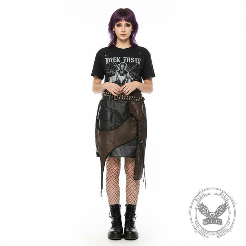 Asymmetrical Patchwork Faux Two-Piece Leather Skirt | Gthic.com