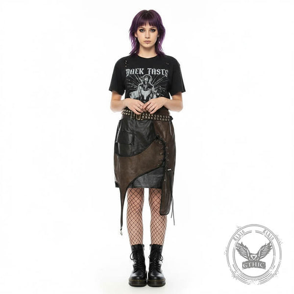 Asymmetrical Patchwork Faux Two-Piece Leather Skirt | Gthic.com
