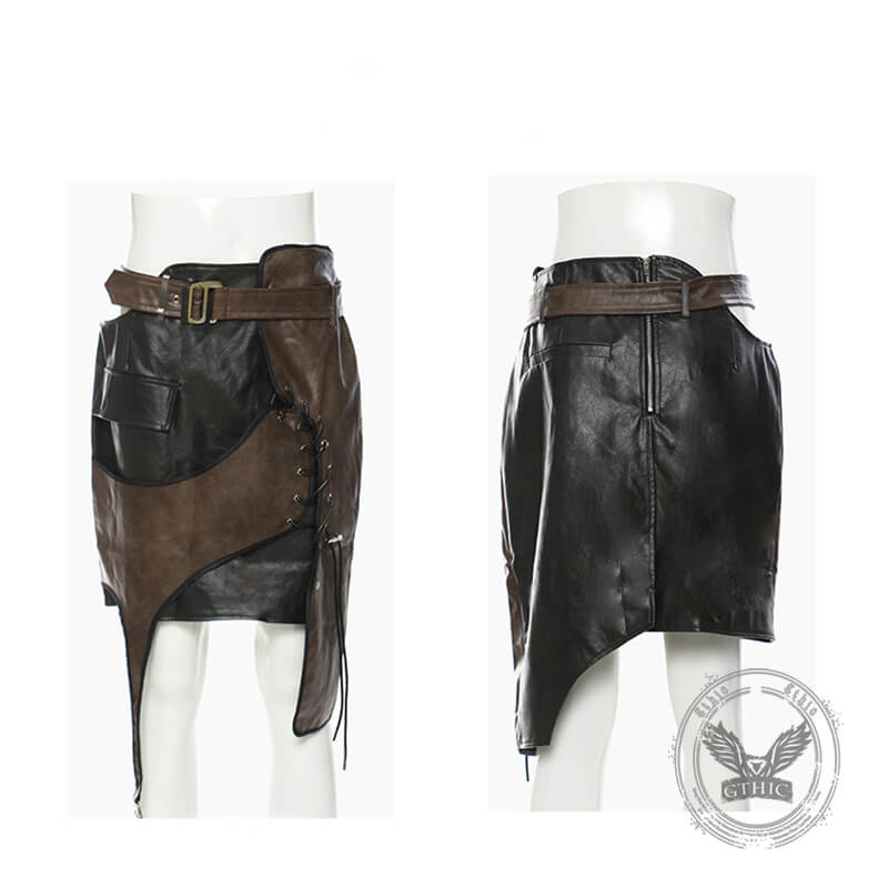 Asymmetrical Patchwork Faux Two-Piece Leather Skirt