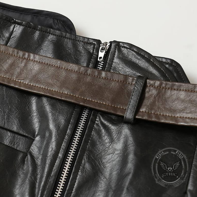 Asymmetrical Patchwork Faux Two-Piece Leather Skirt