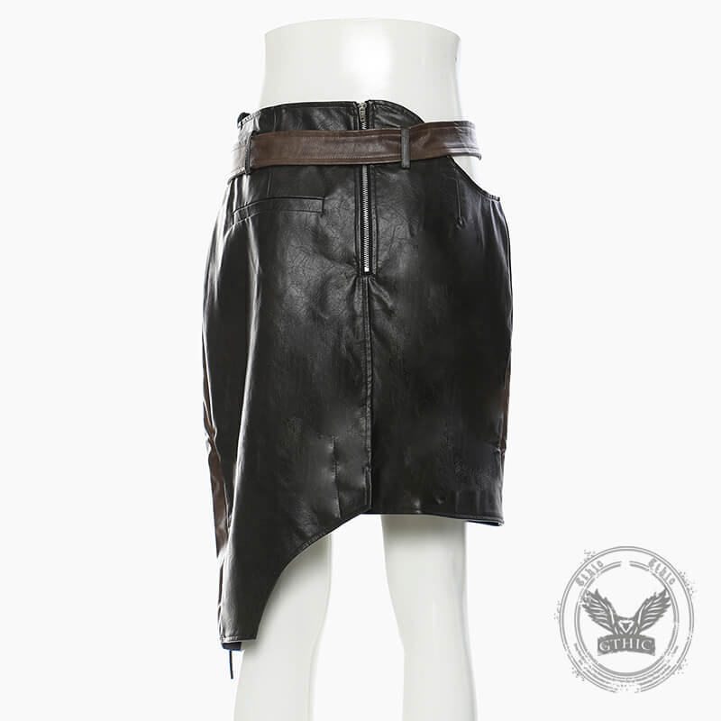 Asymmetrical Patchwork Faux Two-Piece Leather Skirt
