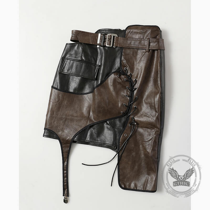 Asymmetrical Patchwork Faux Two-Piece Leather Skirt
