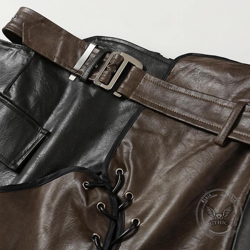 Asymmetrical Patchwork Faux Two-Piece Leather Skirt