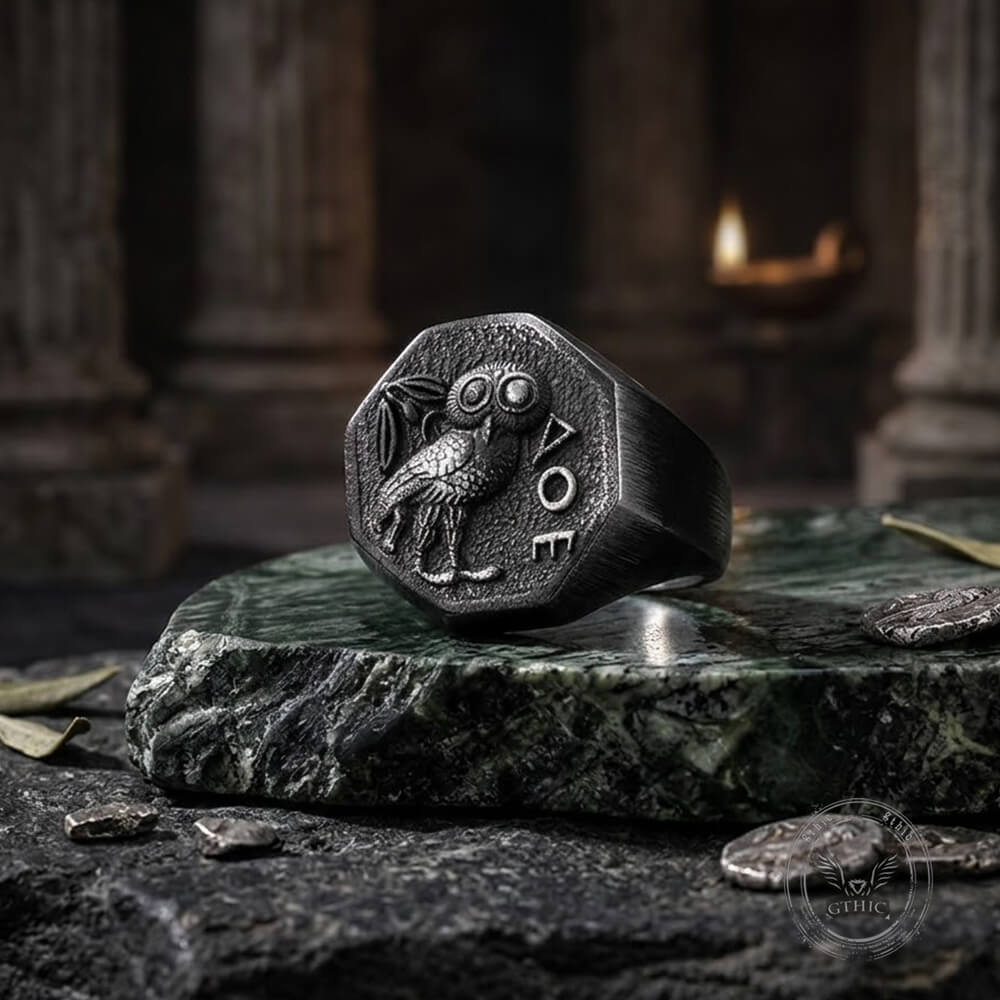 Athena Owl Stainless Steel Vintage Signet Ring