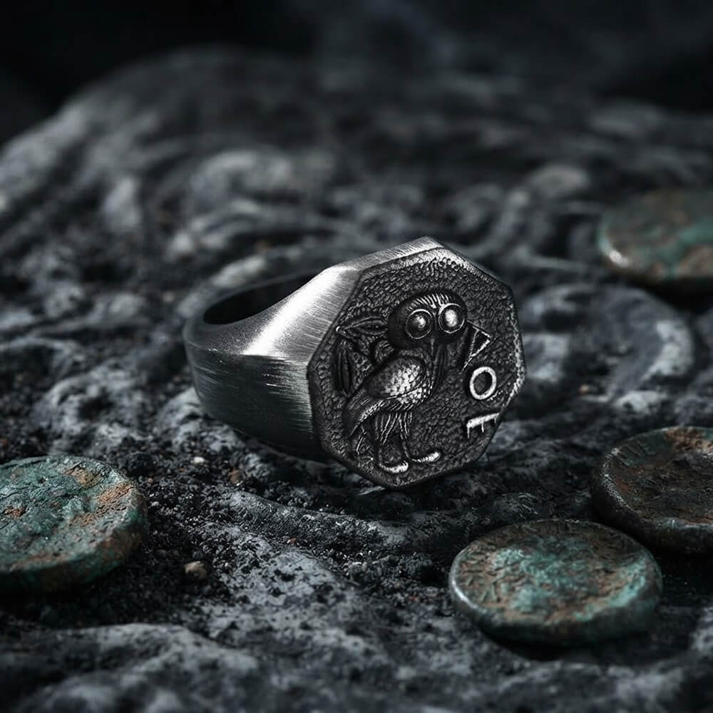 Athena Owl Stainless Steel Vintage Signet Ring | Gthic.com