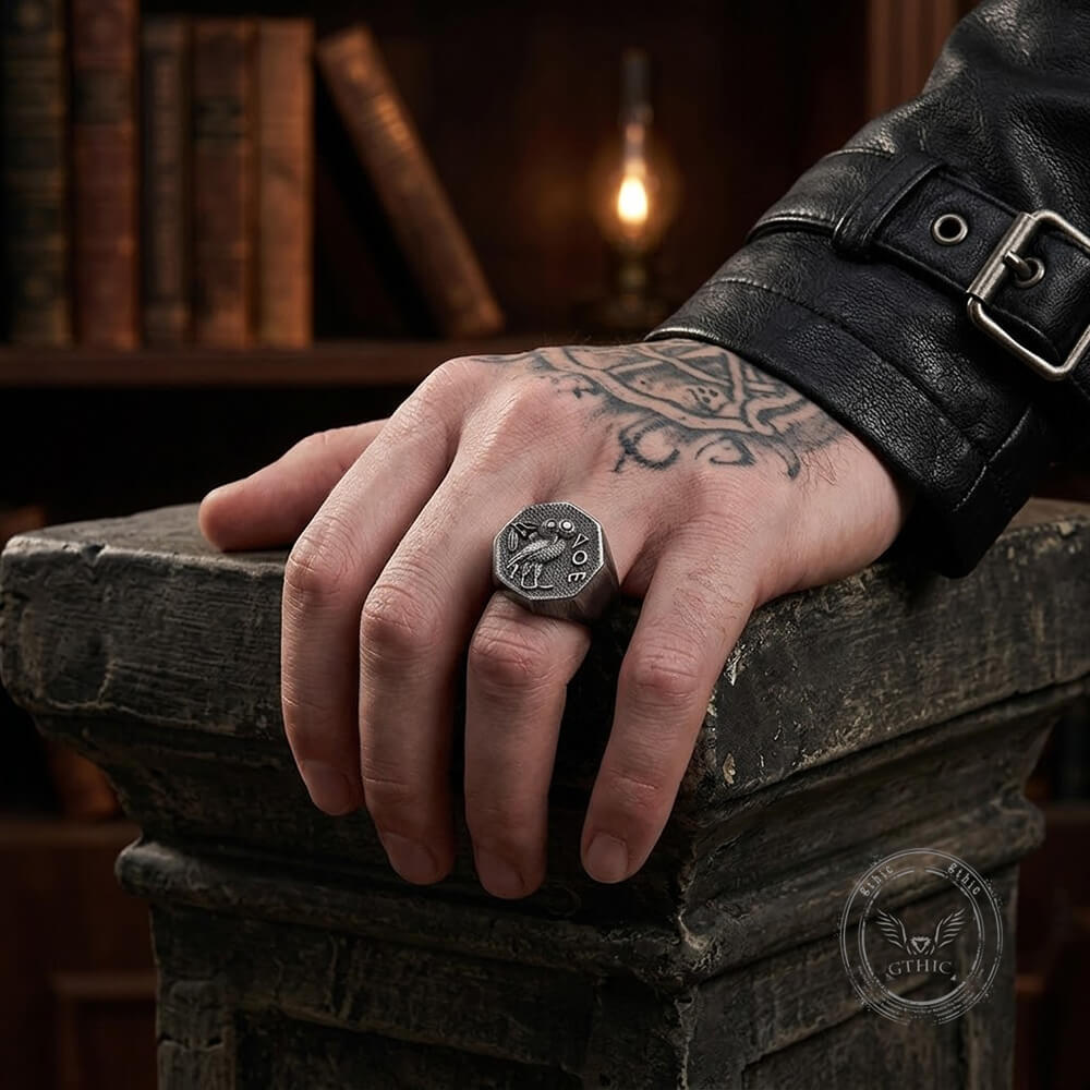 Athena Owl Stainless Steel Vintage Signet Ring | Gthic.com