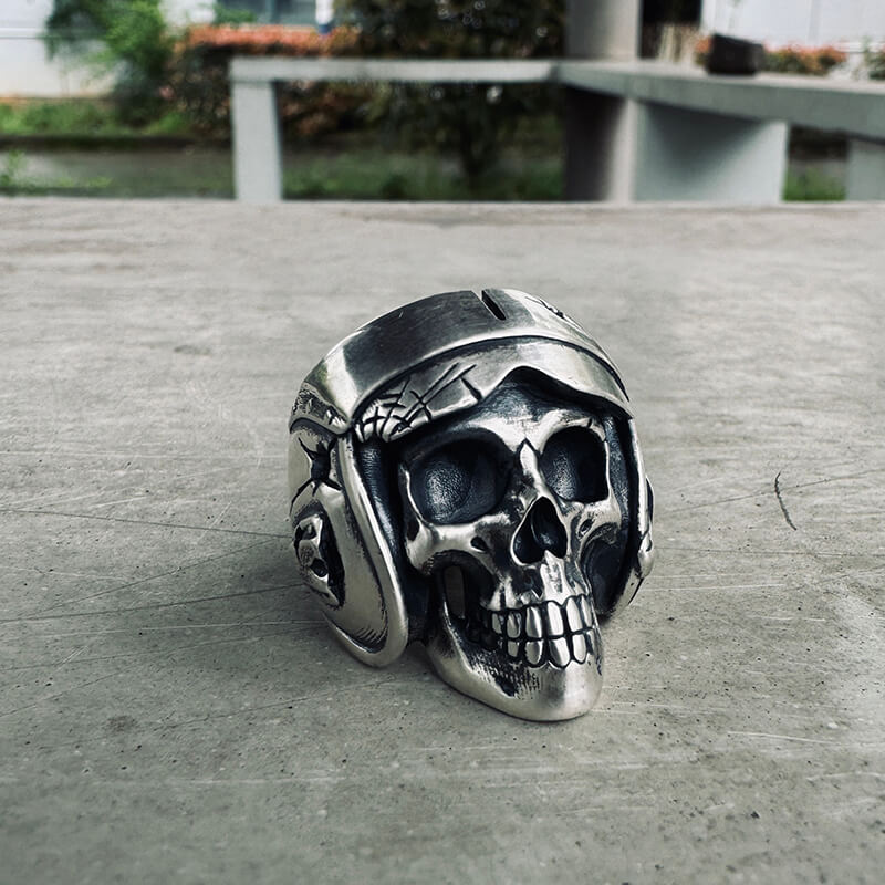 Aviator Helmet Skull Sterling Silver Ring | Gthic.com