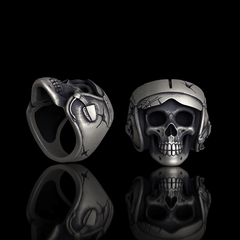 Aviator Helmet Skull Sterling Silver Ring | Gthic.com