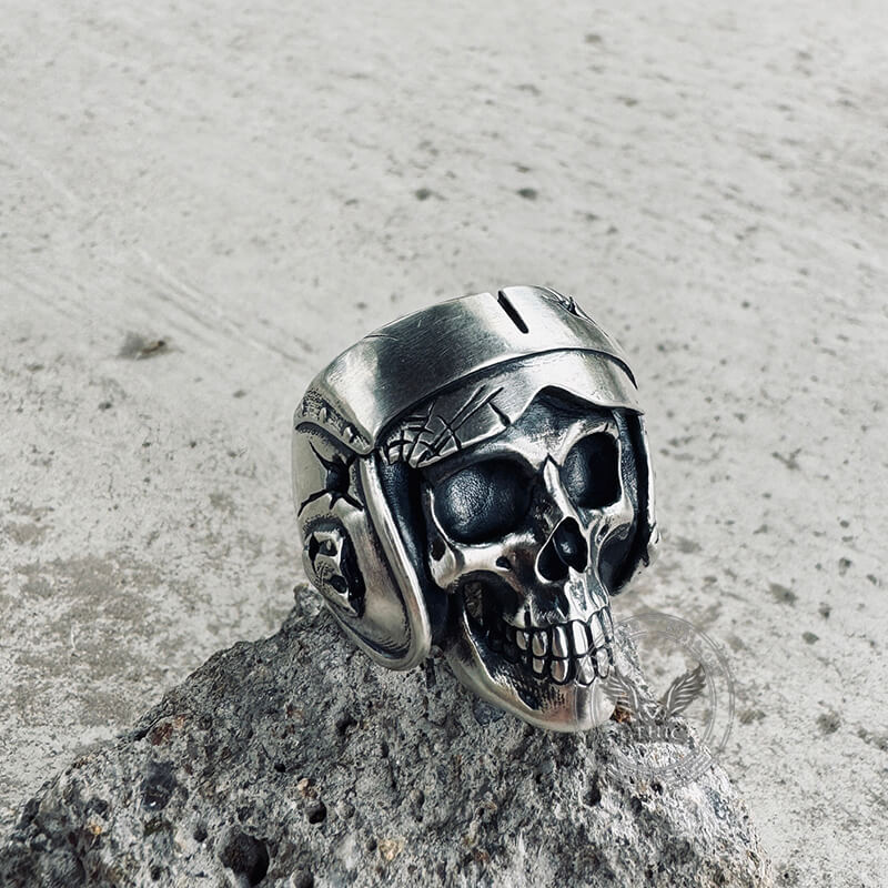 Aviator Helmet Skull Sterling Silver Ring | Gthic.com