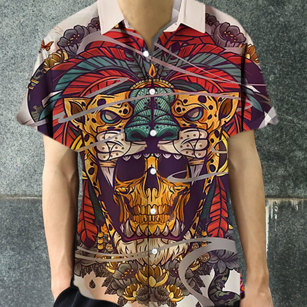 Aztec Jaguar Warrior Skull Polyester Men's Shirt | Gthic.com